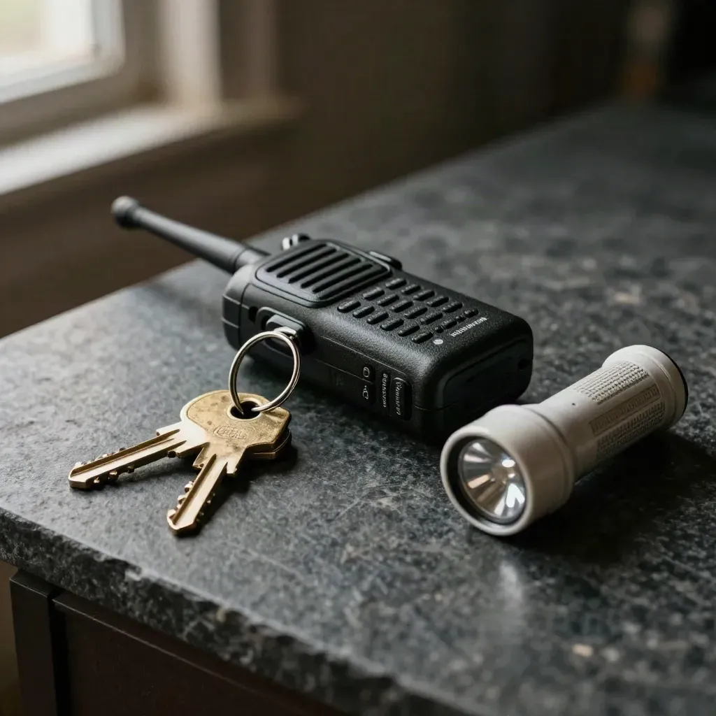 Keys, handheld radio, and flashlight on dark stone in moody close-up