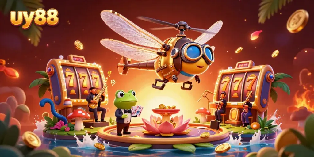 Experience the exciting world of uy88 with dynamic slots, a frog dealer, and vibrant characters.