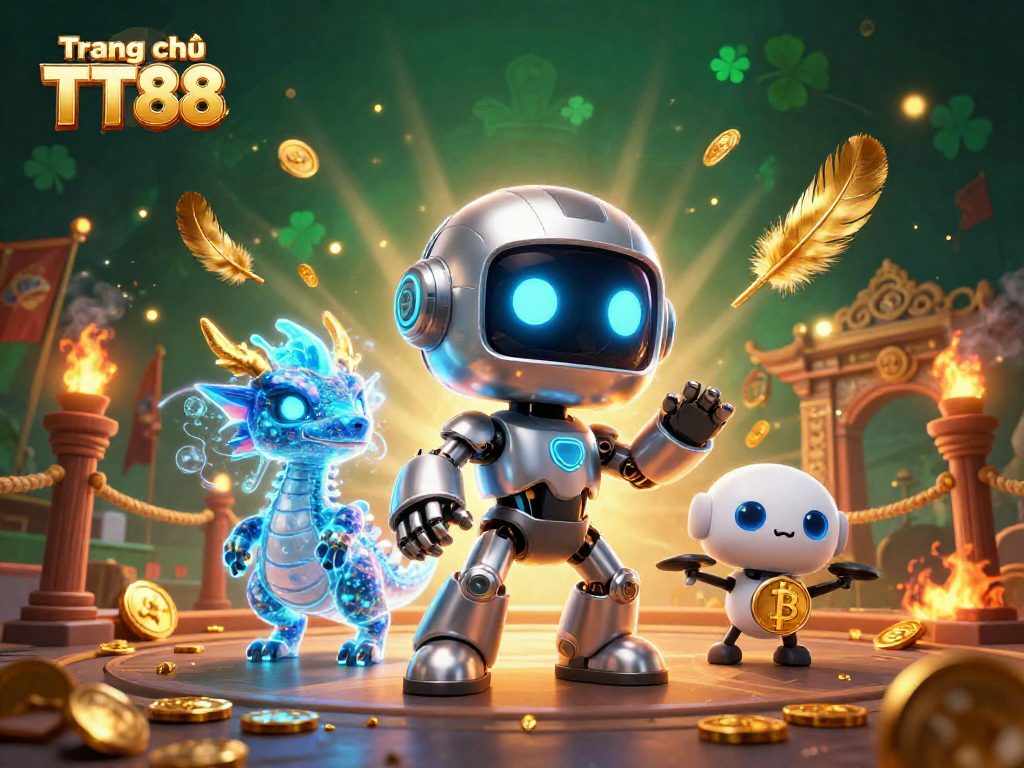 Experience excitement on Trang chủ TT88 with a vibrant 3D illustration of casino characters amidst gold coins and slot reels.