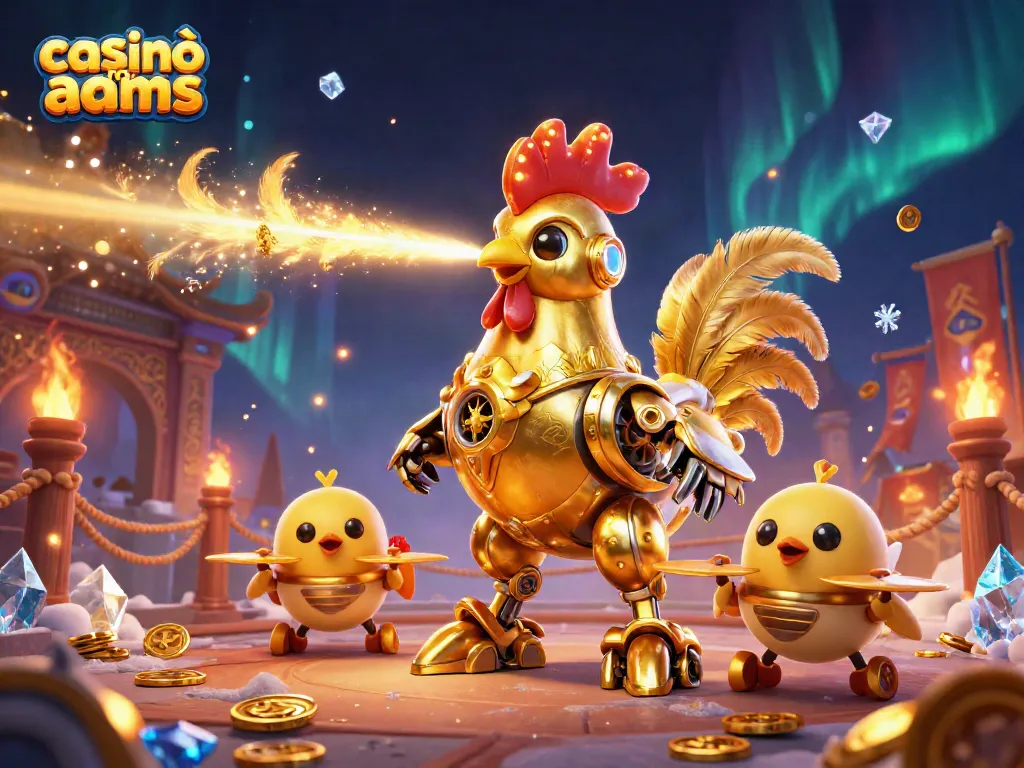 Casinò non AAMS: divertiti con il robot gallo che spara raggi dorati in un'illustrazione festosa.