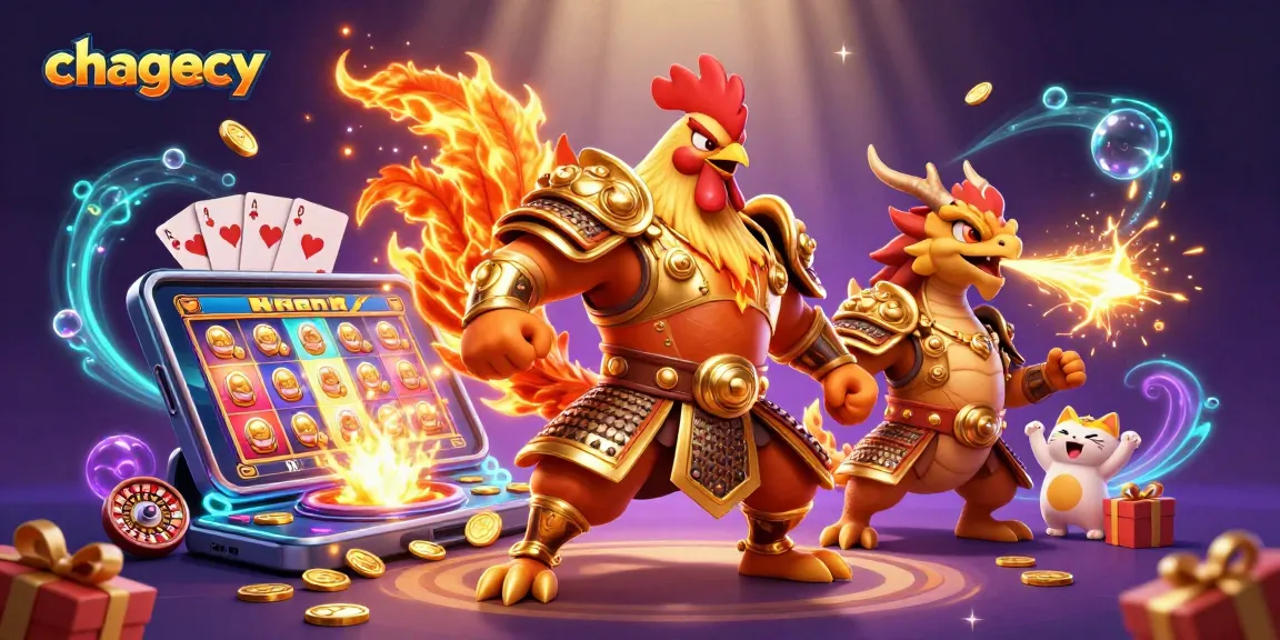 Experience excitement at chagency with 3D cartoon warriors amidst vibrant slot games and gold coins.
