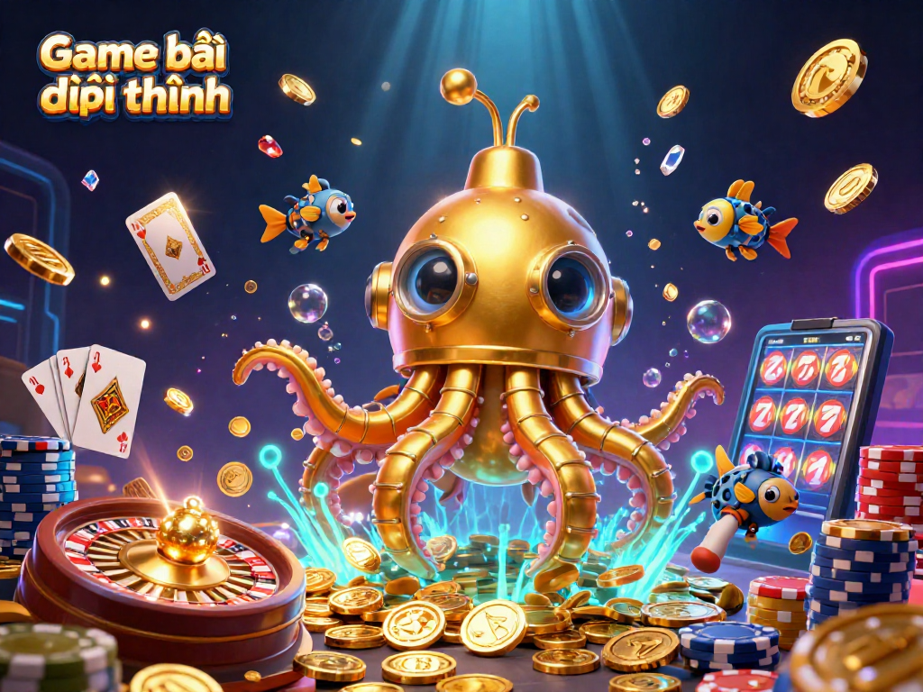 Experience the excitement of Game bài đổi thưởng with immersive 3D visuals of gaming elements and golden rewards.
