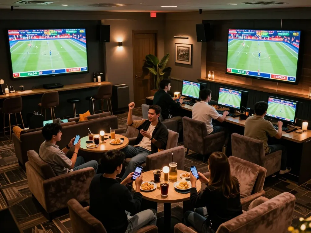 77WIN players engaging in sports betting excitement in a lively lounge atmosphere