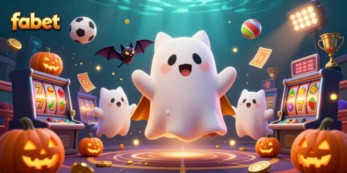 Experience thrilling gameplay at fabet with a ghostly cat and vampire bat surrounded by slot machines.