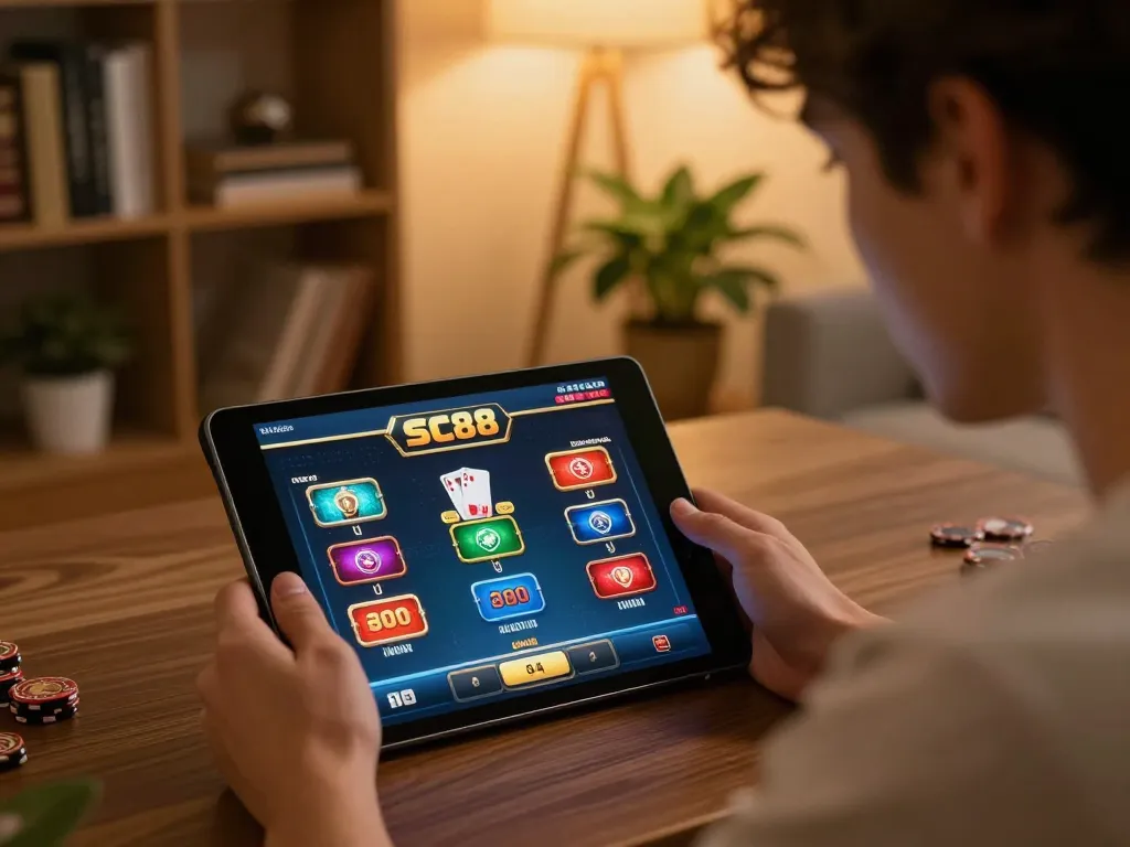 Engaging with SC88 casino app on tablet, showcasing exciting gameplay and a comfortable home setting.