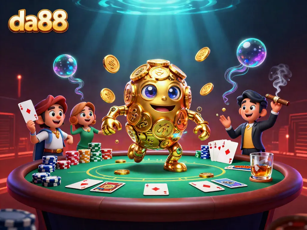Engage in thrilling slots at DA88 featuring golden golem and vibrant poker elements.