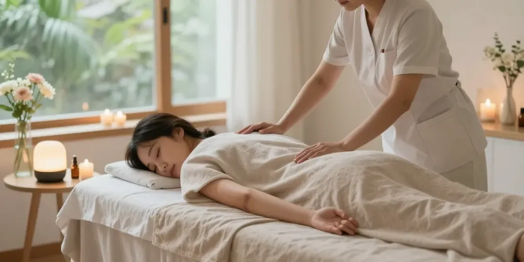 강남출장마사지 session in a relaxing spa setting with soothing candles and a professional therapist.