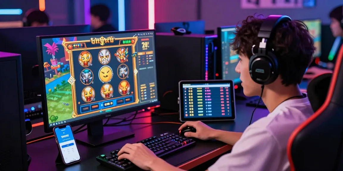 Pengguna melakukan login Super59 sambil bermain slot online, dikelilingi lampu LED cerah dan aksesori gaming.