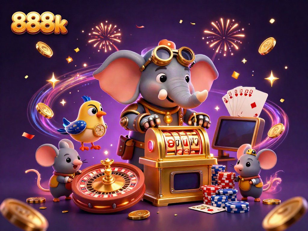 Experience thrilling gameplay with 888k in a vibrant 3D casino scene featuring an elephant engineer and coins.
