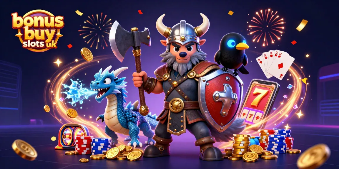 Experience the excitement of bonus buy slots uk with Viking warrior, dragon, and raven amid gold coins and vibrant casino elements.
