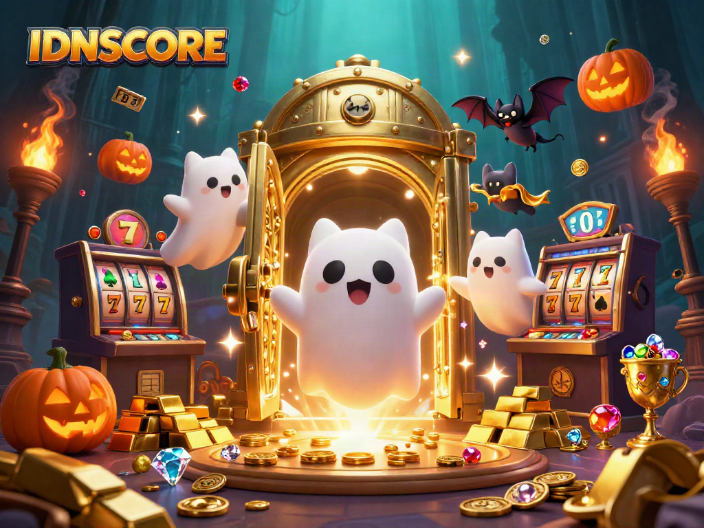 Engage in thrilling betting action with IDNSCORE's ghostly cat and vampire bat amid golden treasures.