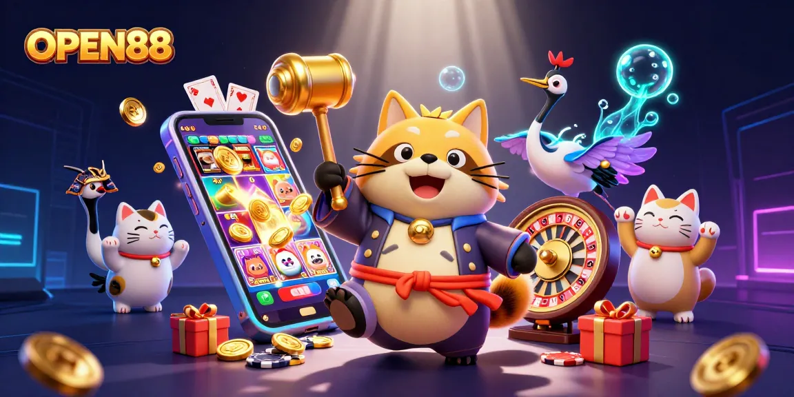 Engage with OPEN88's vibrant casino experience featuring a cheerful tanuki and lucky symbols in a festive setting.