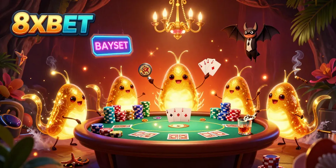 Experience thrilling poker action in 8XBET's vibrant cave casino illuminated by glowworms and a bat dealer.