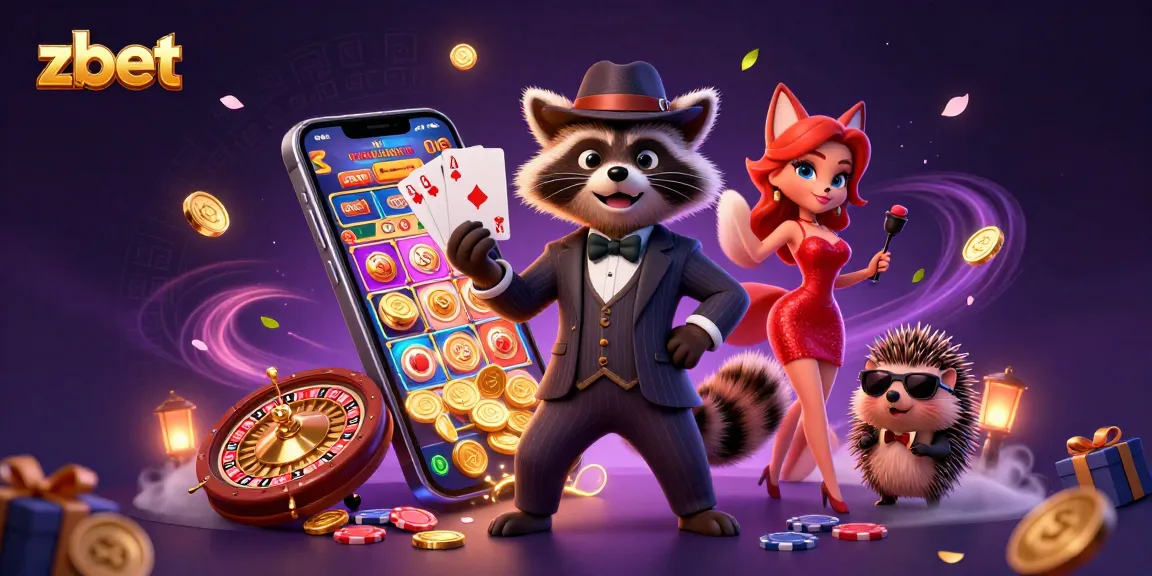 Experience thrilling gaming at zbet with a raccoon holding a royal flush and exciting casino elements.