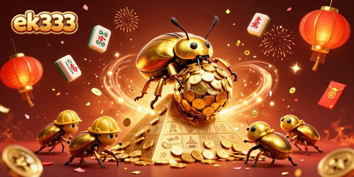 Experience excitement with ek333, showcasing a vibrant 3D casino scene of golden beetles and festive elements.
