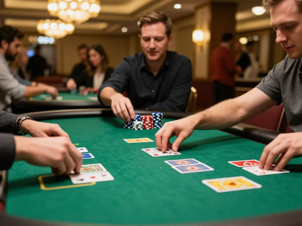 Player engaging in strategic gameplay at MK8 poker table with an intense focus on cards.