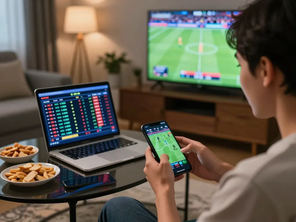 Engaged F8bet user placing bets on smartphone while enjoying a live sports event at home.