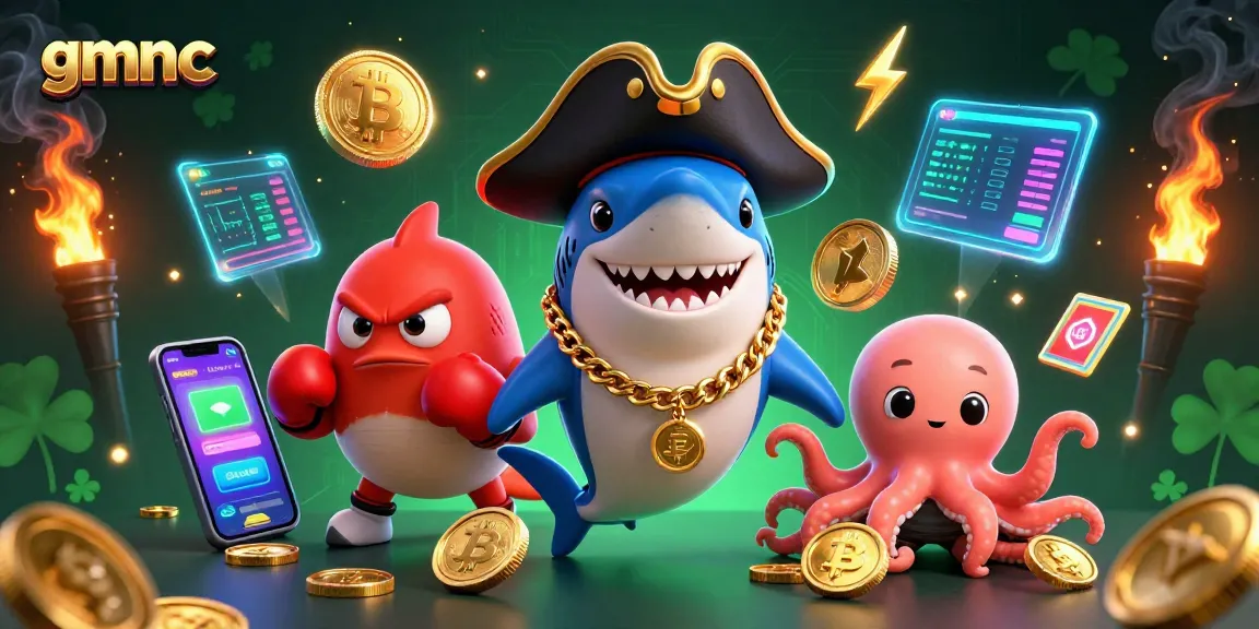 Experience thrilling gaming moments at gmnc, featuring an engaging pirate shark, dynamic crypto elements, and glowing treasures.