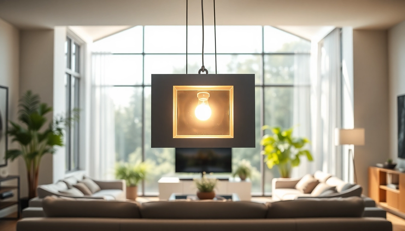Show a square light fixture illuminating a stylish modern living room design.