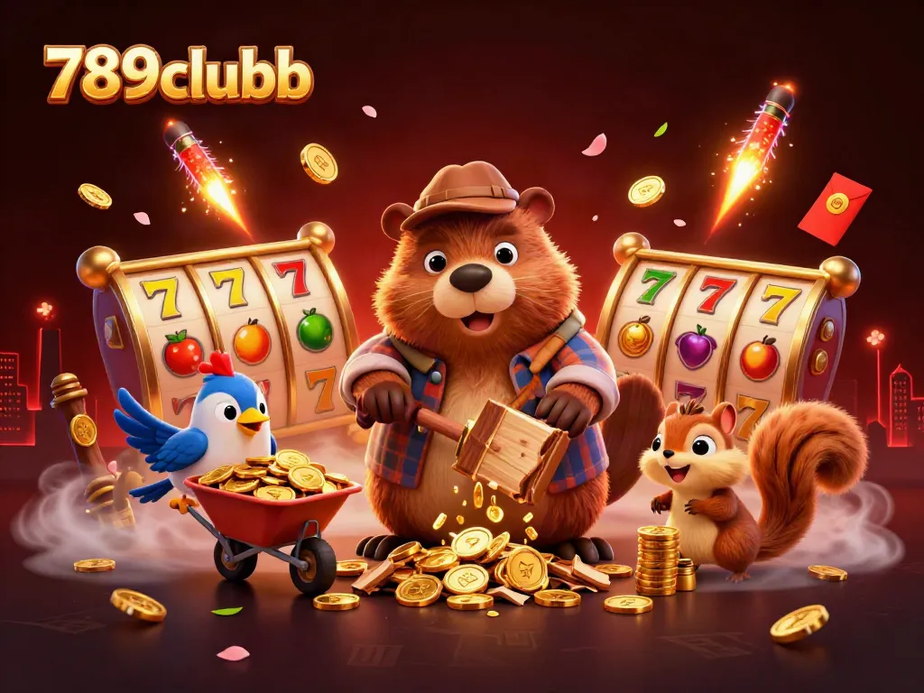 Engage with exciting gameplay at 789clubb featuring a charming lumberjack beaver surrounded by dynamic casino elements.