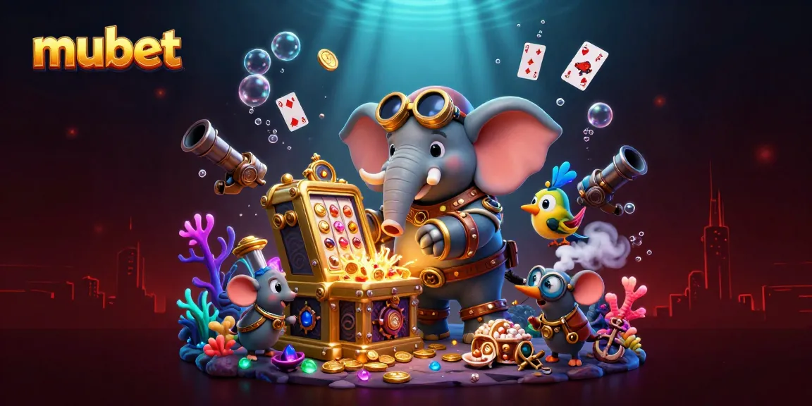 Win at Mubet with an exciting 3D casino scene featuring a steampunk elephant and vibrant gameplay elements.