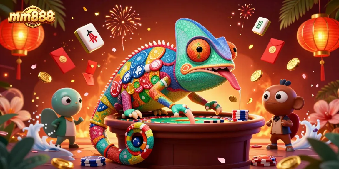 Engage with mm888 casino games featuring a colorful chameleon among joyful gambling elements.