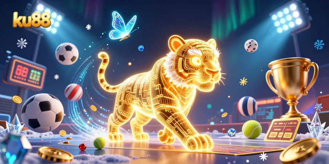 Engage with ku88's dynamic sports betting scene featuring a neon tiger and floating sports elements.