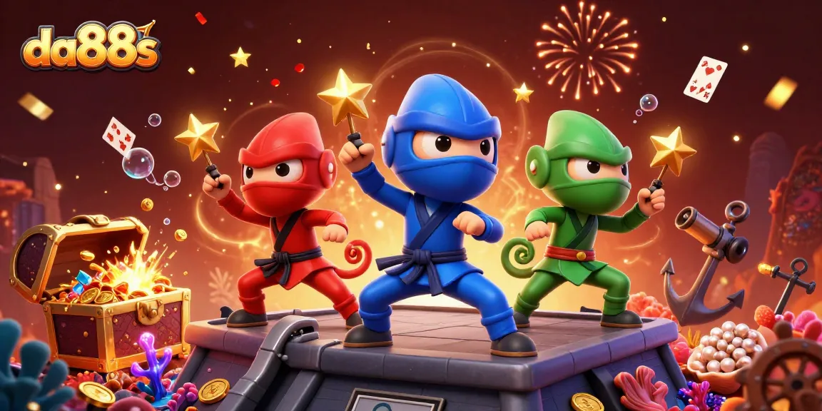 da88s draws players into a vibrant casino scene with chameleon ninjas, explosive treasures, and celebratory effects.