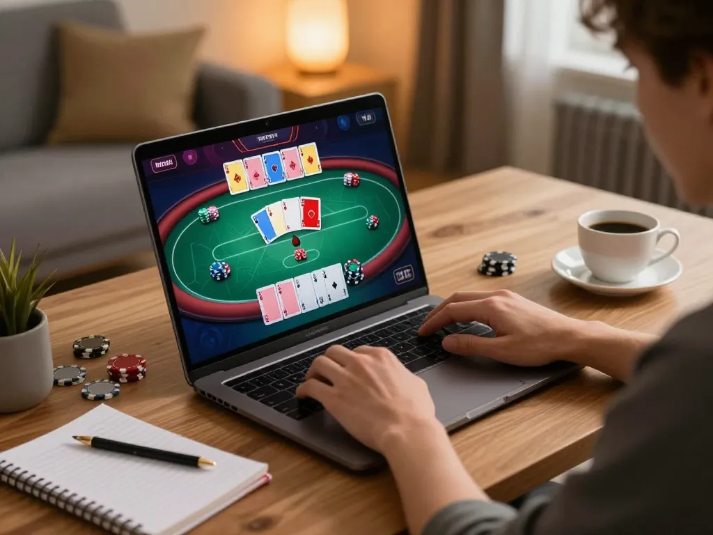 Engaging online poker gameplay on mb66-t with vibrant cards and chips in a cozy home setting.