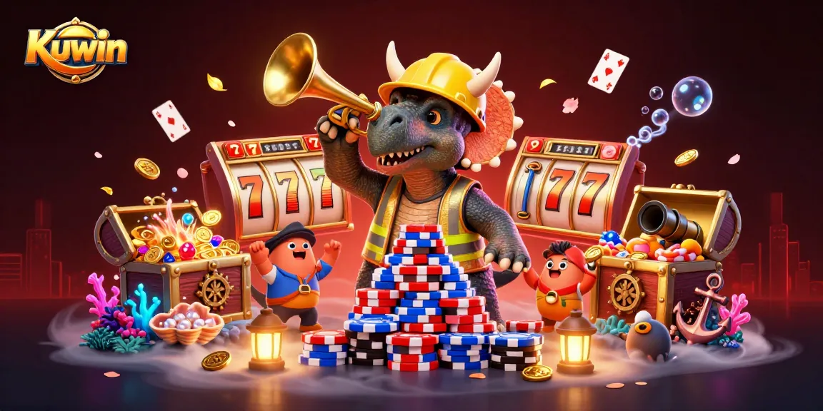 Kuwin's vibrant casino scene with triceratops building poker chip pyramid while companions celebrate.