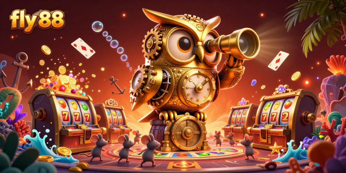 Play slots at fly 88 with a golden owl overseeing vibrant casino action and treasure-filled adventures.