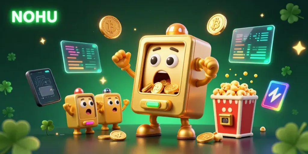 Experience the thrill of NOHU slots as golden coins pour from a jubilant slot machine that just hit the jackpot.