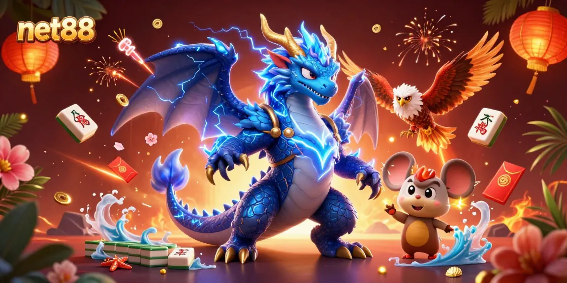 Experience exciting gaming with net88 and dynamic casino elements featuring a dragon, hawk, and mouse.