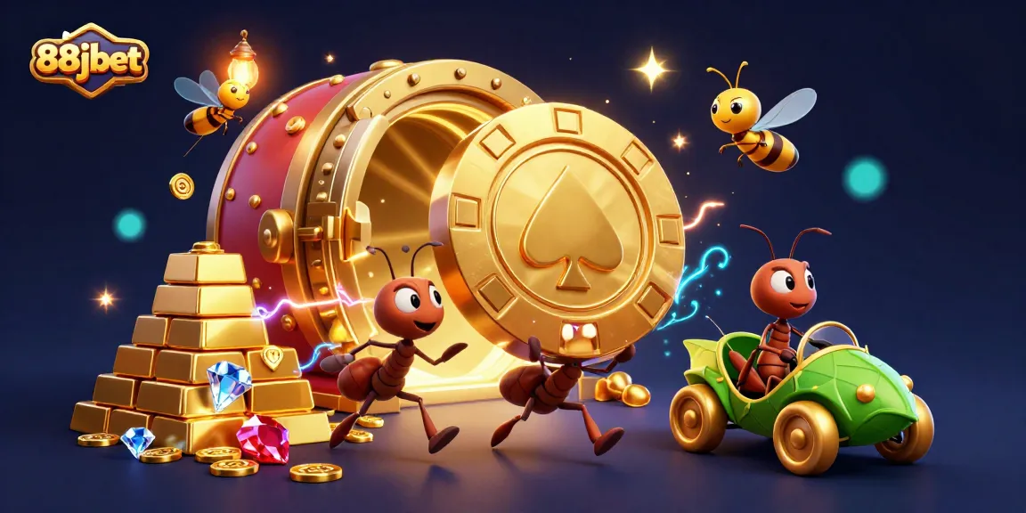 Catch the excitement of 88jbet as cartoon ants perform a heist with a giant poker chip, surrounded by gold treasures.