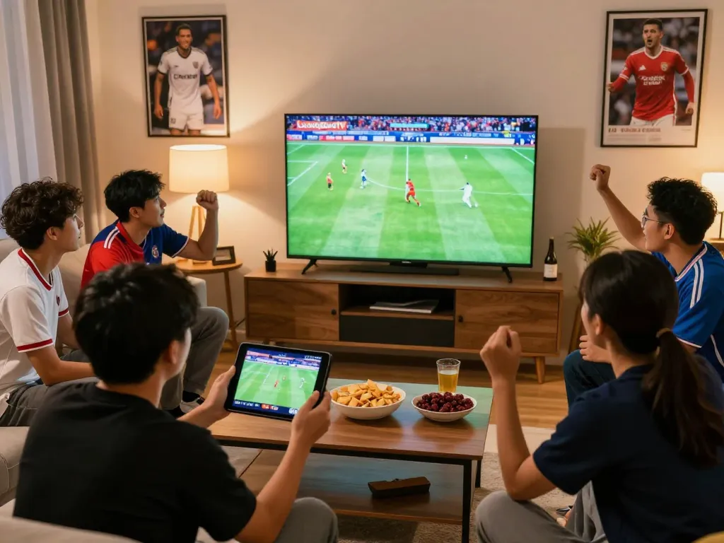 Fans enjoying a football match on LuongSonTV in a lively living room atmosphere