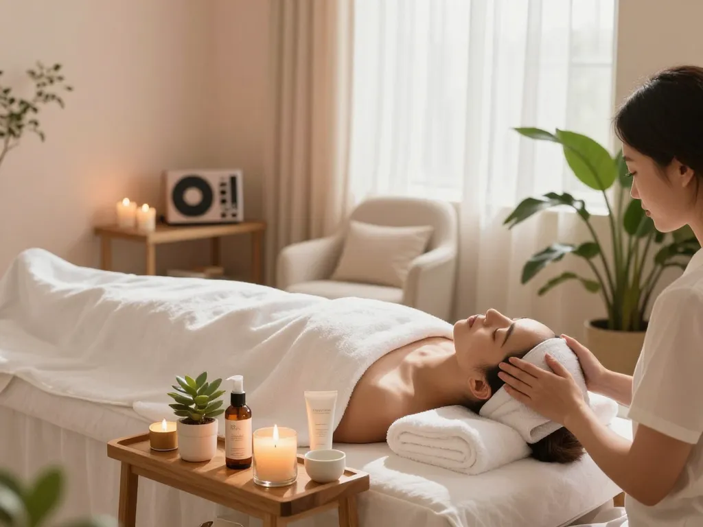 Experience soothing Spa Ads in a tranquil wellness room, featuring a facial treatment and serene atmosphere.