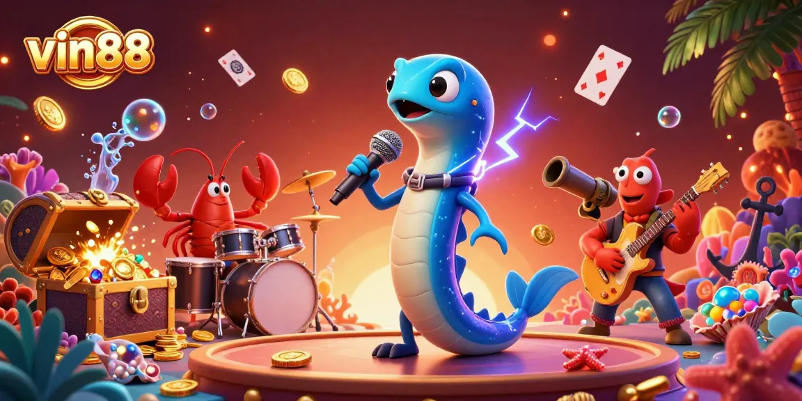 Experience vin88’s underwater casino through vibrant characters and dynamic gambling elements in this stunning illustration.