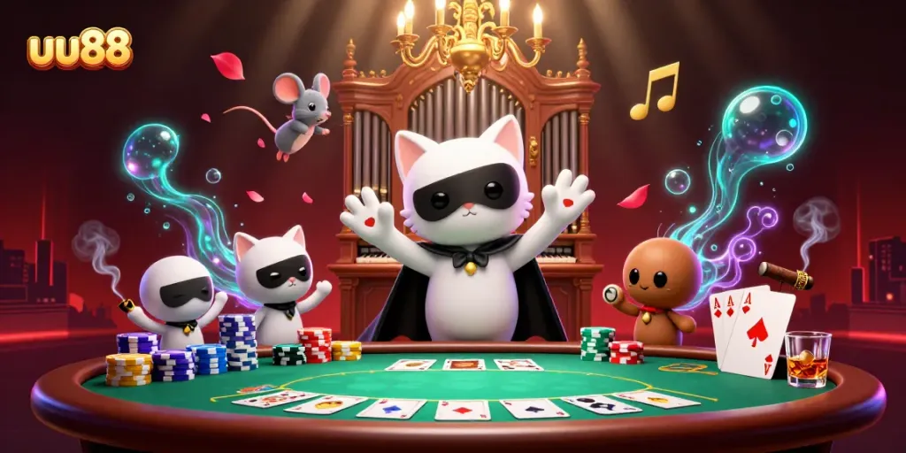 Join the fun at uu88 with a lively casino scene featuring poker and acrobatic characters.