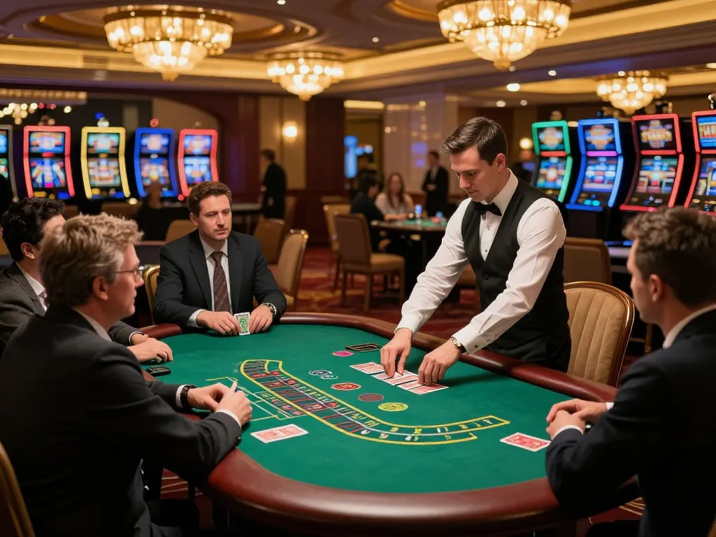 Engaging blackjack action at 789 casino, with dealer shuffling cards and players focused