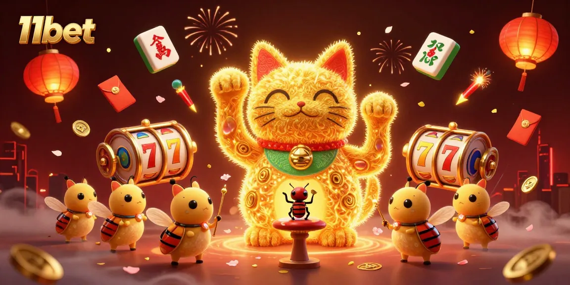 Experience the excitement of 11bet with vibrant casino symbols and lucky cat in a dynamic 3D scene.