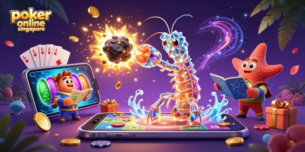 Poker online Singapore showcases a vibrant 3D scene with a galactic mantis shrimp amidst poker elements, highlighting the excitement.