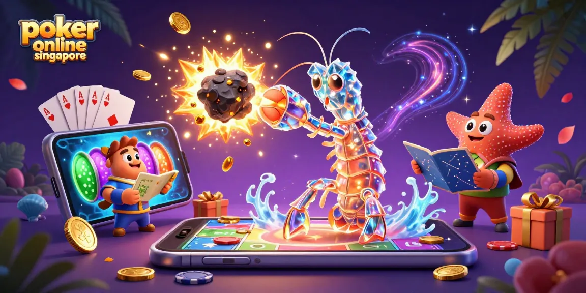 Poker online Singapore showcases a vibrant 3D scene with a galactic mantis shrimp amidst poker elements, highlighting the excitement.