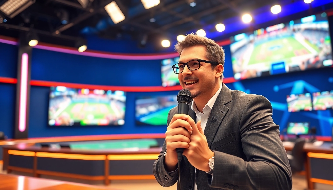 Sports Broadcasting anchor delivering live commentary in a vibrant studio setting.
