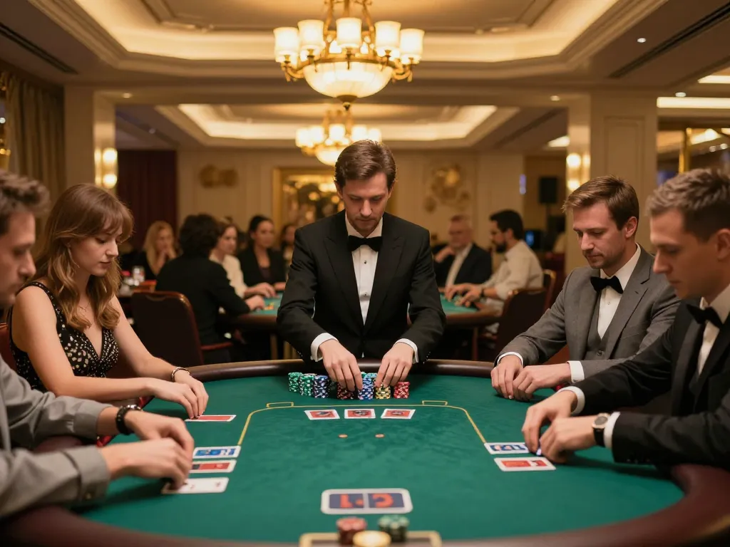 Engaged players at 88betcom poker table analyzing hands in luxurious casino setting