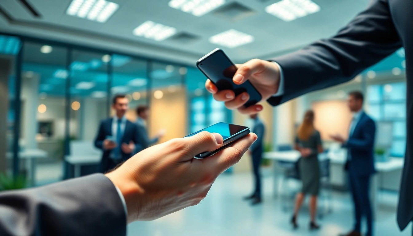 Cash For Phone transaction showcasing a smartphone exchange in a modern office.