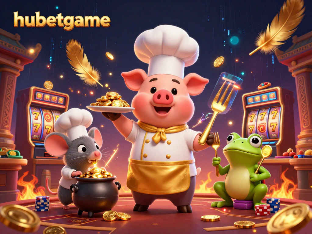 Experience thrilling games at hubetgame with a vibrant 3D casino scene featuring animated characters and golden rewards.