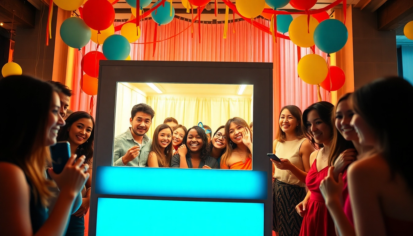 Guests enjoying a fun photo booth rental chicago experience filled with colorful props and vibrant decorations.