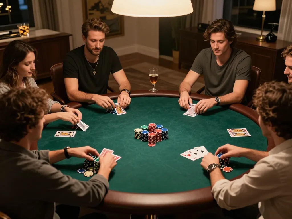 Players engaged in a strategic poker game with chips and cards at home, showcasing 789win's gaming quality.