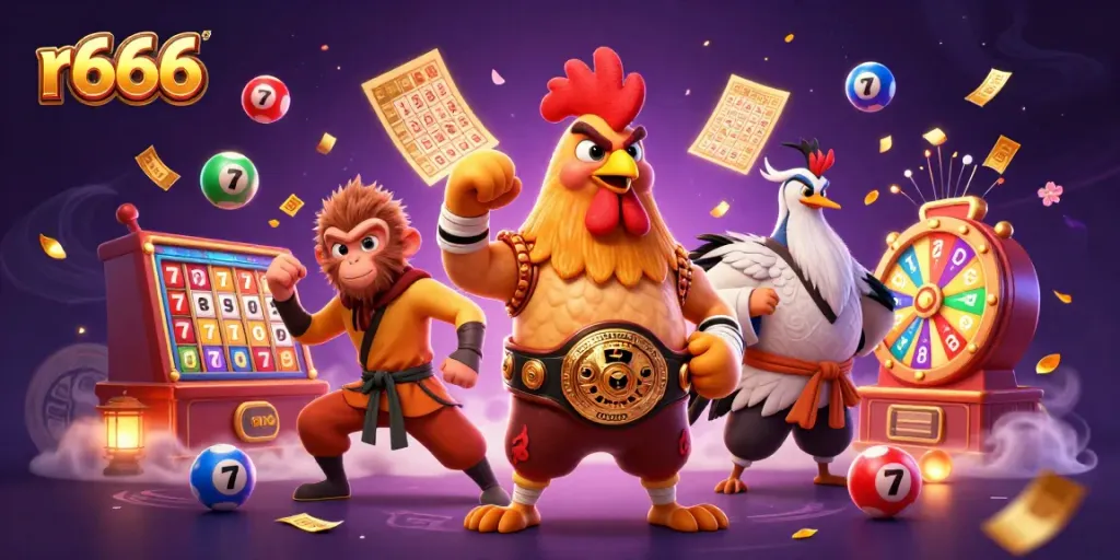 Experience r666 with vibrant casino characters amidst dynamic gaming elements