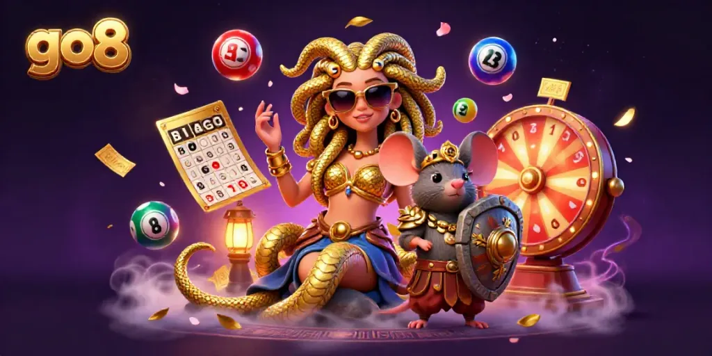 Experience thrilling games and bonuses at GO8, featuring Medusa and a warrior mouse in a dynamic casino scene.